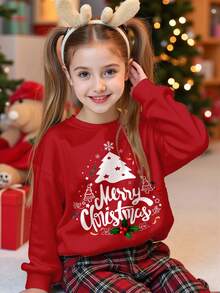 Tween-Mädchen Weihnachtsbaum- und Frohe-Weihnachten-Buchstabendruckmuster, lässiges, locker sitzendes Rundhals-Sweatshirt mit bequemen Langarmshirts, geeignet für Herbst/Winter, Weihnachten, Neujahr, Homewear