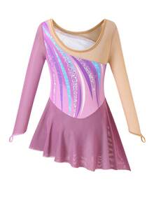 SHEIN 少女花样滑冰服，紫红色花卉印花，饰以优雅闪亮的水钻，长袖，修身网纱裙，舒适时尚，适合比赛和训练 - 紫色 - 查看 4