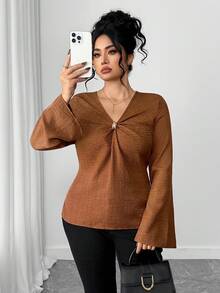 Elenzga Plus Size Women's V-Neck Shirt With X-Buckle Decor, Fashionable, Sexy, Elegant, Suitable For Work And Everyday Wear - Brown - View 6