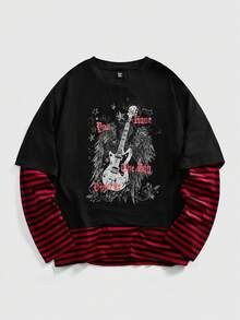 ROMWE MEN Grunge Punk Áo thun nam tay dài in họa tiết đàn guitar kẻ sọc 2 trong 1 - màu đen - Xem 1