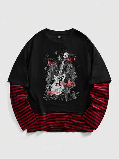 Street Life Men's 2 In 1 Striped Patchwork Guitar Print Long Sleeve T-Shirt