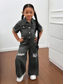 SHEIN 年轻女孩蓝色牛仔破洞衬衫式连体裤，酷炫街头造型 - 黑色 - 查看 3