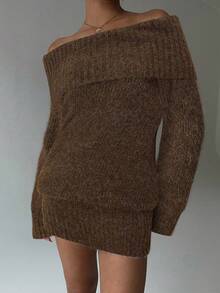 Aloruh 灰色露肩高领长袖迷你连衣裙，上衣宽松下装紧身，年轻淑女风，秋冬 - 棕色 - 查看 6