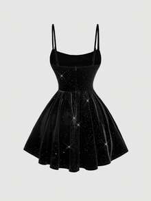 SHEIN MOD 女式闪亮短款天鹅绒紧身连衣裙 - 黑色 - 查看 2