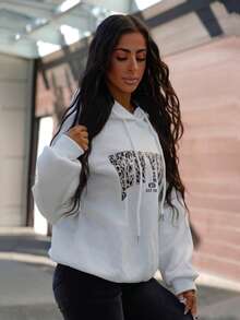 SAYEHFBABY Casual Leopard Print New York Graphic Hooded Loose Fit Thick Fleece Sweatshirt For Women, Suitable For Autumn/Winter,Long Sleeve Tops Back To School Fall And Winter Clothing Hoodie - White - View 4
