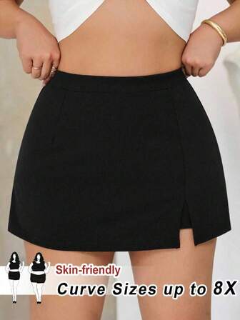 SHEIN CURVE+ 大码女装，迷你裙，纯色黑色简约 A 字裙裤，适合日常穿着的休闲装，女士冬季服装