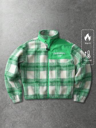 Street Life Unisex Plaid Patchwork English Graphic Print Jacket, Street Style, Autumn/Winter