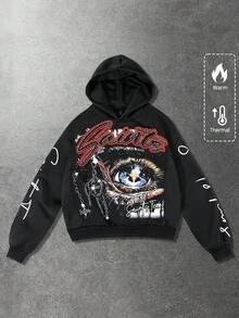 ROMWE MEN Street Life 男士连帽卫衣，休闲街头风，流行美式眼睛图案印花短款连帽衫，秋冬季长袖上衣 - 黑色 - 查看 3