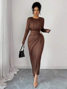 SHEIN Elenzya Rochie de damă tricotată, cu talie strânsă, cu decor metalic, mulată, elegantă, de zi cu zi, pentru naveta, stil francez, vintage, versatilă, pentru petreceri de Crăciun, de Anul Nou, pentru afaceri, maro, cu mânecă lungă, toamnă/iarnă - Maro - Vizualizare 7