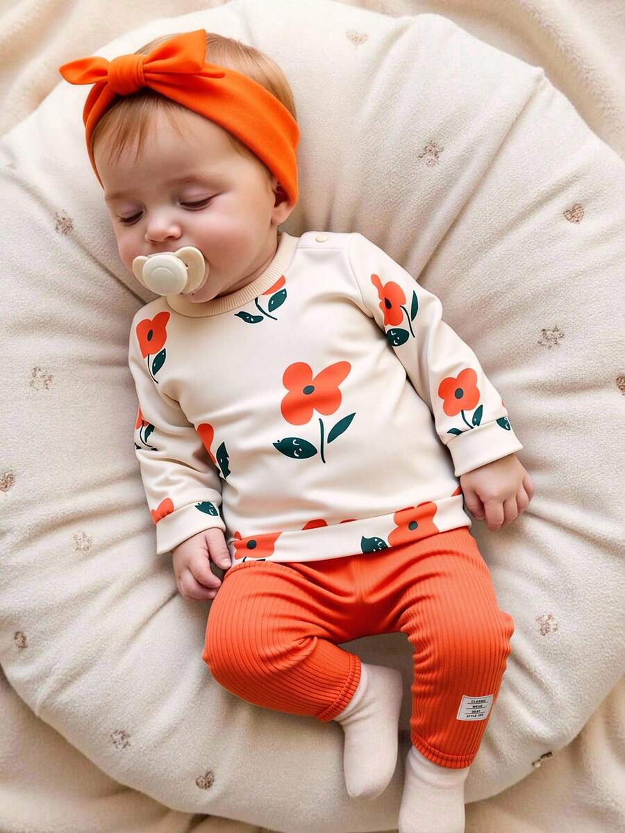SHEIN Bộ 2 món đồ mùa thu mới cho bé gái, áo cổ tròn tay dài cài nút vai họa tiết hoa đỏ cam dễ thương, quần dài suông thoải mái, phong cách retro gia đình đồng bộ - trái cam - Xem 1