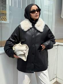 DAZY 女士秋冬仿羊羔绒领单排扣夹克，PU皮革工装绗缝外套，简约时尚 - 黑色 - 查看 12