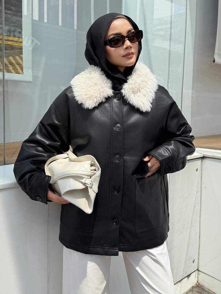 Women's Autumn/Winter Faux Shearling Collar Single-Breasted Jacket, PU Leather Workwear Padded Coat Modest Fashion