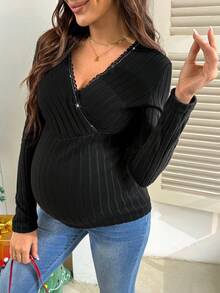 SHEIN 孕妇V领撞色蕾丝长袖罗纹修身T恤 - 黑色 - 查看 5