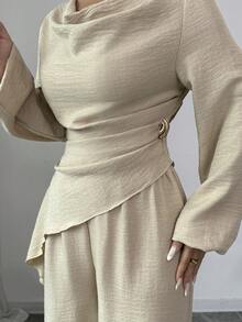 Elenzga 25+ 款女士优雅荷叶边肩部长袖收腰卡其色褶裥细节常规长度卡其色上衣和裤子套装，适合派对和冬季穿着 - 杏色 - 查看 5