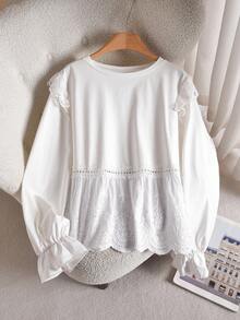 CosyJoli Plus Size Women's Solid Color Round Neck Long Sleeve Contrast Lace Ruffle Hem Loose T-Shirt - White - View 5