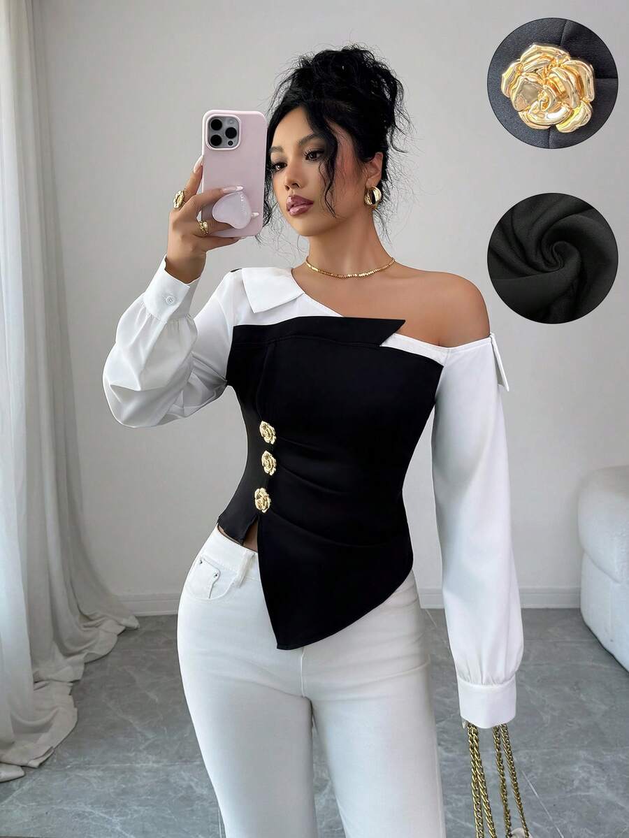 Elenzga 女士优雅时尚通勤休闲舒适迷人复古浪漫假日温柔职场不对称撞色肩部褶皱金属玫瑰花纽扣装饰设计衬衫 - 黑與白 - 查看 1