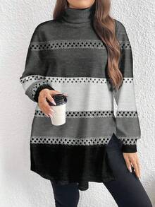 EMERY ROSE Koszulka z długim golfem dla kobiet w kolorze Merlot w kolorze Święto Dziękczynienia, w paski, w minimalistycznym, luźnym rozmiarze, jesień/zima