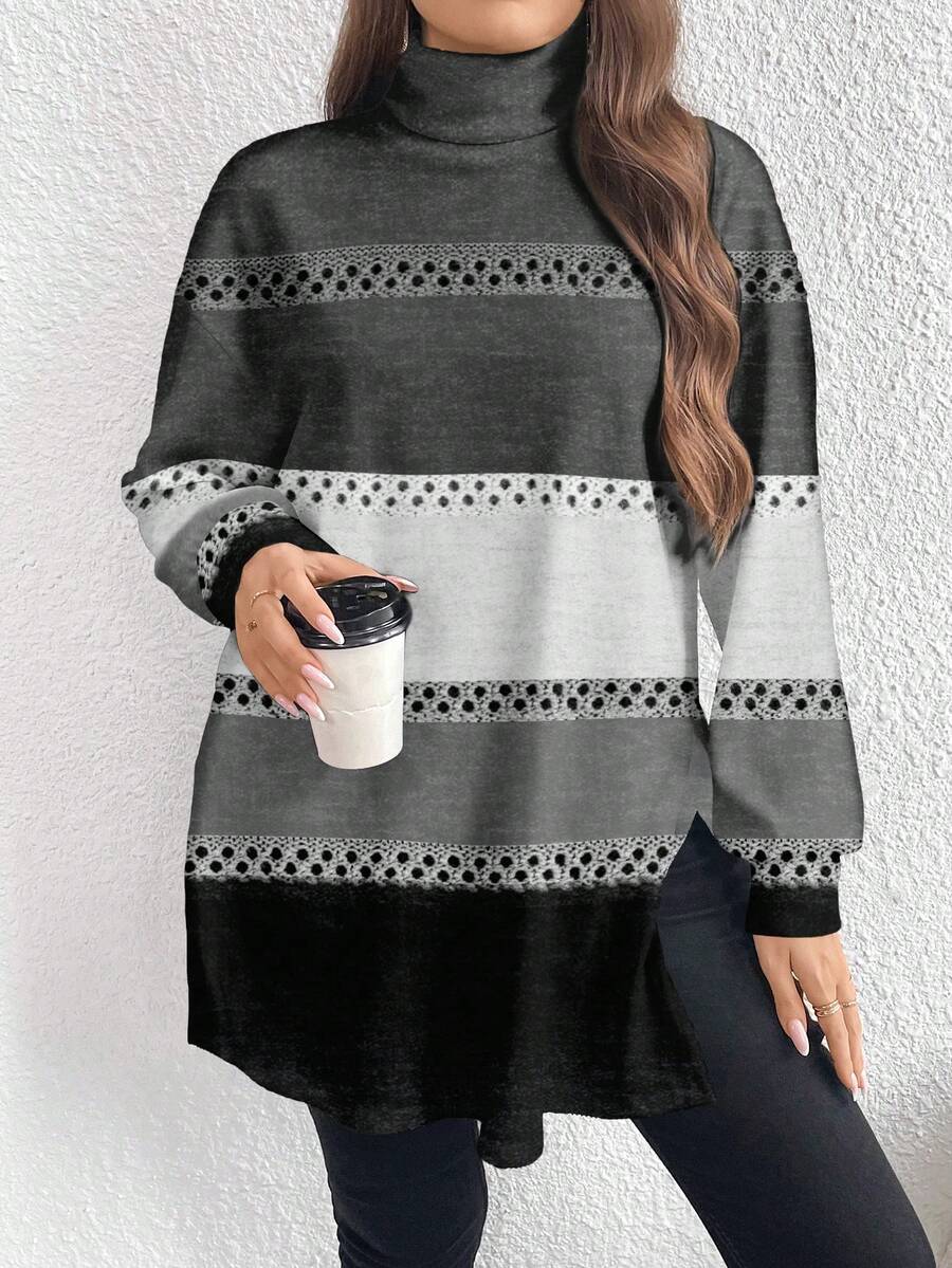 EMERY ROSE Koszulka z długim golfem dla kobiet w kolorze Merlot w kolorze Święto Dziękczynienia, w paski, w minimalistycznym, luźnym rozmiarze, jesień/zima