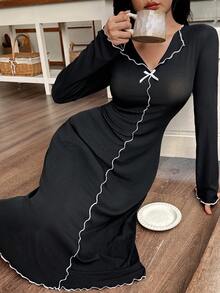 SHEIN 女士休闲黑白撞色针织罗纹修身长袖中长连衣裙，饰有蝴蝶结，冬季 - 黑色 - 查看 4