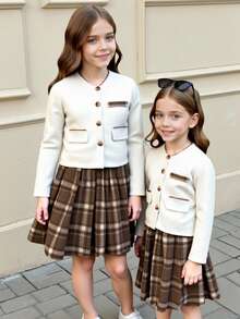 Elladie kids 2pcs/Set Tween Girl Autumn/Winter 2025 Outfit, Round Neck Fabric Open Front Faux Pocket Decor Jacket, Plaid Pleated Mini Skirt, Collegiate Style Minimalist Elegant Vintage Suit - Multicolor - View 3