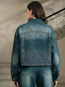 Anewsta Women's Long Sleeve Single-Breasted Casual Loose Fashion Rhinestone Denim Jacket - Blue - View 2