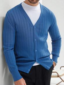 Manfinity Homme 男士纯色长袖单排扣休闲针织开衫，秋冬季 - 水鴨藍 - 查看 3