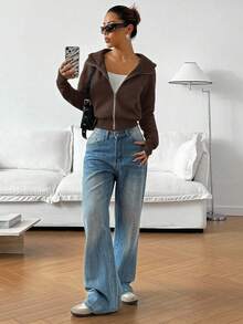 SHEIN EZwear 女士休闲纯色拉链卫衣 - 咖啡棕 - 查看 3
