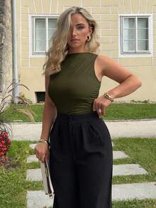 Jeta Ari Damen ärmellose Bluse mit plissiertem Kragen Einfarbig, Sommer