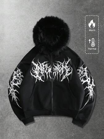 Street Life Men's Graphic Gothic Print Thermal Lined Hoodie Sweatshirt With Fur Collar, Autumn/Winter
