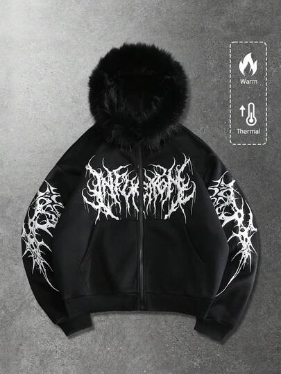 Street Life بلوزة هودي رجالية مطبوعة بطباعة جرافيك مبطنة بالحرارة مع طوق من الفرو، خريف/شتاء