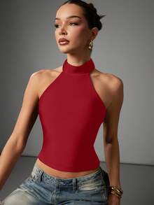 Hauture Sexy Mob Wife Party Solid Color Backless Halter Neck Top
