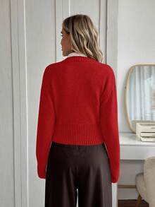 Easowa V-Neck Zip Hem Relaxed Casual Pullover Sweater For Women In Fall/Winter - Red - View 2