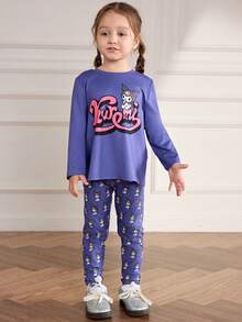 HELLO KITTY AND FRIENDS | SHEIN 少女休闲可爱卡通字母图案长袖T恤裤子套装，适合春秋季日常通勤 - 紫色 - 查看 3