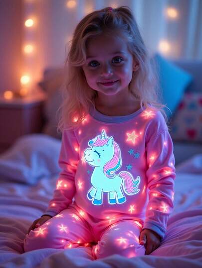 Baby Girls Cute Unicorn & Star Print Knitted Elastic Fabric Soft Comfortable Glow In The Dark Long Sleeve Top And Pants 2pcs Pajama Set