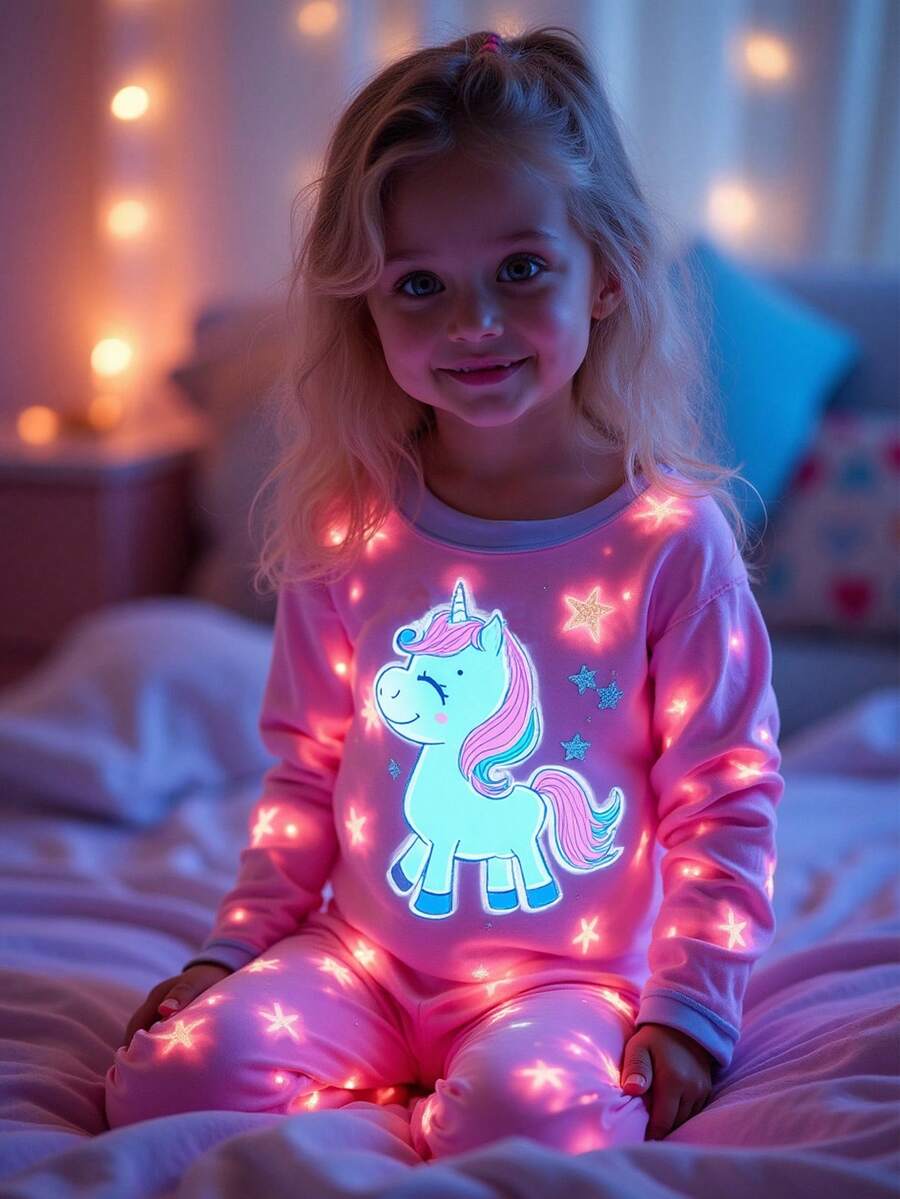 2 Piece Sets Snug Fit Pjs  Baby Girls Cute Unicorn & Star Print Knitted Elastic Fabric Soft Comfortable Glow In The Dark Long Sleeve Top And Pants 2 Pieces Pajama Set .This Product Requires UV Light Exposure To Glow. Unicorn Outfit For Girl Toddlers