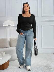 SHEIN EZwear 大码女式修身长袖黑色T恤，秋冬季保暖内衬 - 黑色 - 查看 4