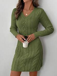 SHEIN LUNE V-Neck Waist Gathered A-Line Dress, Textured Knit Casual Commuter Elegant Dress For Women, Autumn/Winter - Army Green - View 5