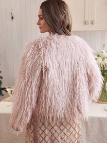 Louniche 优雅高端仿毛皮流苏亮片宽松女式外套，秋冬款 - 粉色 - 查看 2