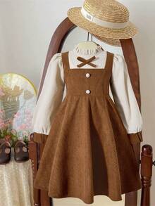 SHEIN Young Girl Autumn Colorblock Bow Decor 2 In 1 Dress, Versatile Outfit For Outings, Christmas Parties, And Everyday Wear - Brown - View 6