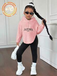 SHEIN Conjunto de sudadera con capucha y pantalones con patrón de letras lindas para niña, forrado térmico grueso, para otoño/invierno - Rosa Pálido - Ver 1