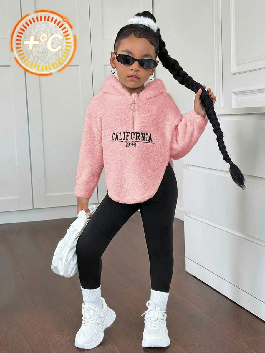 SHEIN Conjunto de sudadera con capucha y pantalones con patrón de letras lindas para niña, forrado térmico grueso, para otoño/invierno - Rosa Pálido - Ver 1