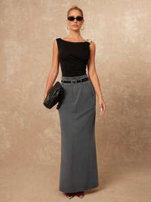 Lumalex Winter Fall High Waist Flared Hem Slit Skirt With Belt Two Piece Set Grey Two Piece Set Modest Two Piece Set Skirt Suit Gray Dresses For Women Luxury Prom Gathering Party Banquet Modest Old Money Coquette Glitter Holiday Party Rave Festival Outing Vacation Hot Outdoor Richly Layered Wedding Season Banquet ID Al-Adha Al-Adha Party New Year Chic Autumn Fall New Style Women Gala Night Delicate Outdoor-Ready Cold-Proof Essential Winter Travel Gear - Grey - View 8