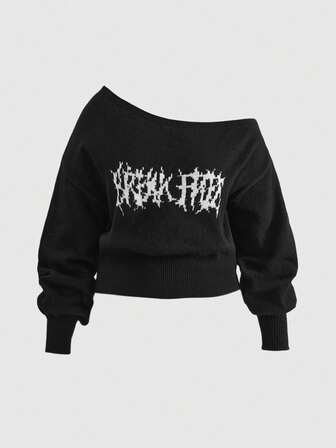 Große Größen Gothic Stil schräge Schulter Langarm Strickpullover, Lässig & Vintage, Herbst/Winter