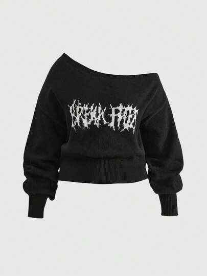 Goth Suéter de punto de manga larga con hombros oblicuos, estilo gótico, talla grande, casual y vintage, para otoño/invierno