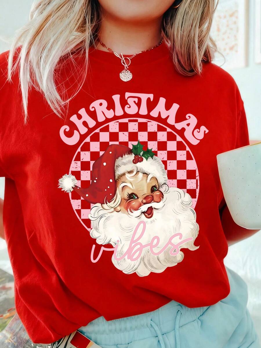 SHEIN CURVE+ 红色圣诞老人主题T恤，女士圣诞衬衫，可爱有趣的圣诞上衣，复古圣诞老人T恤，适合春夏穿着 - 紅色 - 查看 1
