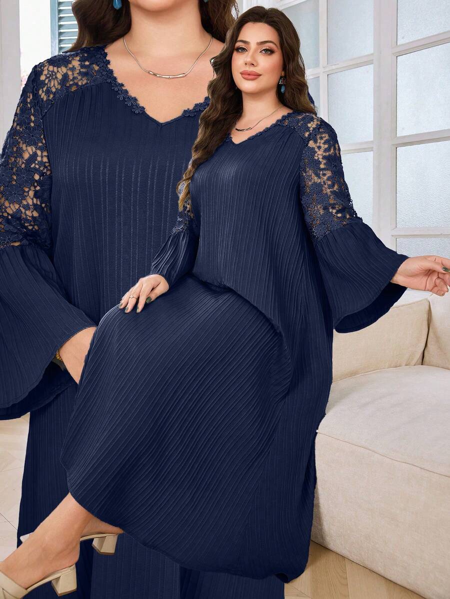 Modelyn Plus Size V-Neck Lace Patchwork Ruffle Hem Loose Long Sleeve Casual Dress, Spring/Summer - Navy Blue - View 1