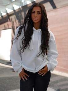 SAYEHFBABY Sudadera ancha de mujer de manga larga y capucha con estampado minimalista casual, Camisetas de manga larga - Blanco - Ver 5