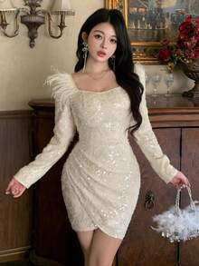 DAZY Đầm ngắn tay dài cổ vuông phối sequin và lông vũ thanh lịch dành cho nữ, thích hợp cho năm mới, Giáng sinh, lễ hội hóa trang. - trắng - Xem 7