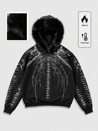 Grunge Punk Men's Gothic Hooded Sweatshirt With Fur Collar, Autumn/Winter