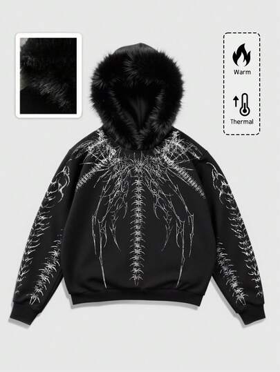 Grunge Punk Men's Gothic Hooded Sweatshirt With Fur Collar, Autumn/Winter